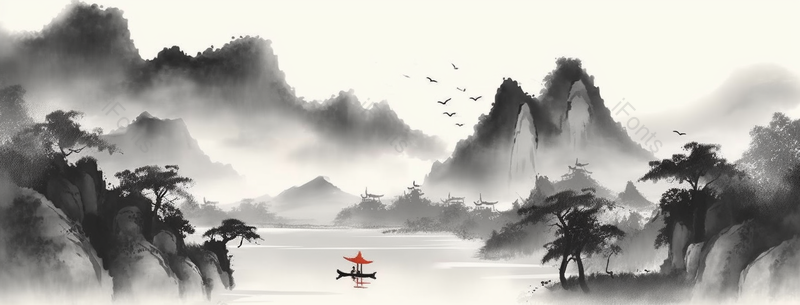 山水河流复古风意境自然景观中式风水墨画,插画/手绘图,插画/手绘图库,插画/手绘图下载,插画/手绘
